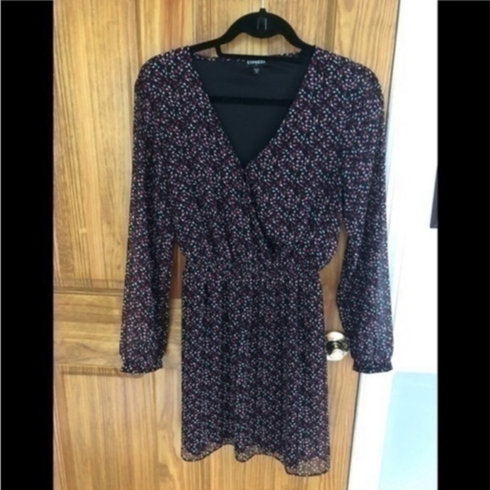Express V Neck Sheer Sleeve Mini Dress